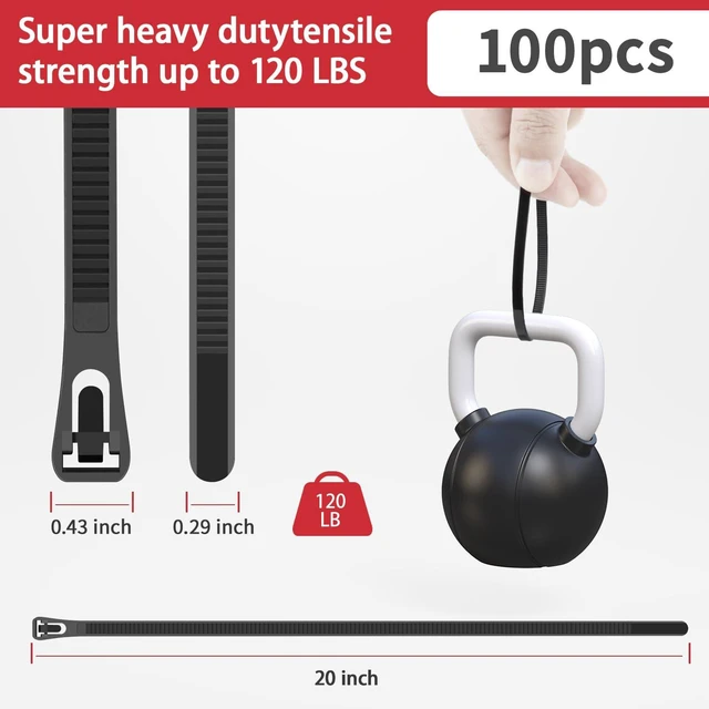 Alt view image 2 of 6 - 20 Inch Black Resuable Long Zip Ties Heavy Duty 100 Pcs 120 LBS Releasable cable ties, Adjustable Tie wrap, Removable Wire Ties, UV Resistant for Indoor and Outdoor Use