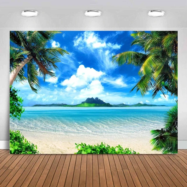 Main image of Summer Beach Theme Backdrop Hawaiian Ocean Blue Sky Seaside Tropical Palm Trees Luau Background Birthday Party Decor Banner 8x6ft