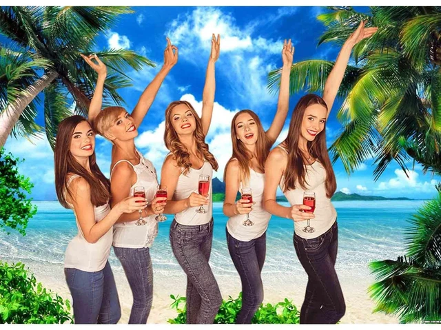 Alt view image 2 of 6 - Summer Beach Theme Backdrop Hawaiian Ocean Blue Sky Seaside Tropical Palm Trees Luau Background Birthday Party Decor Banner 8x6ft