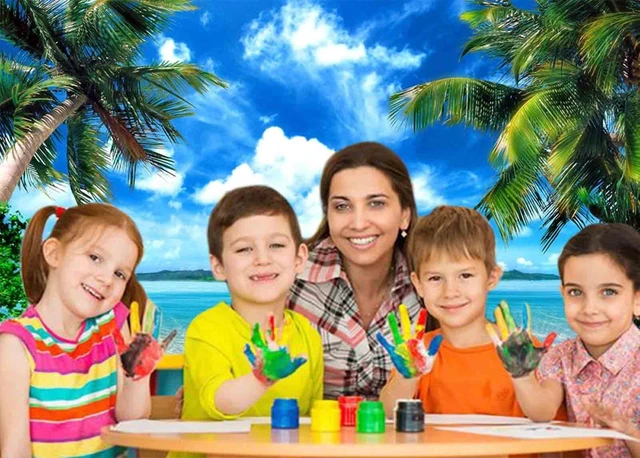 Alt view image 5 of 6 - Summer Beach Theme Backdrop Hawaiian Ocean Blue Sky Seaside Tropical Palm Trees Luau Background Birthday Party Decor Banner 8x6ft