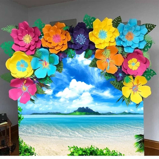 Alt view image 6 of 6 - Summer Beach Theme Backdrop Hawaiian Ocean Blue Sky Seaside Tropical Palm Trees Luau Background Birthday Party Decor Banner 8x6ft