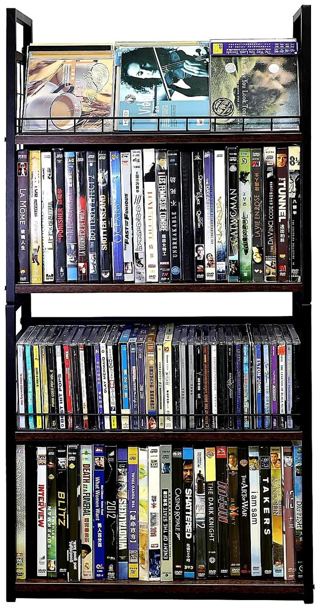 Main image of 2-Tier DVD Storage Rack 2 Pack, Holds 112 DVDs (160 CDs), Metal Frame Media Holder with Handles, for Blu Ray, CDs, Video Games, VHS Tapes