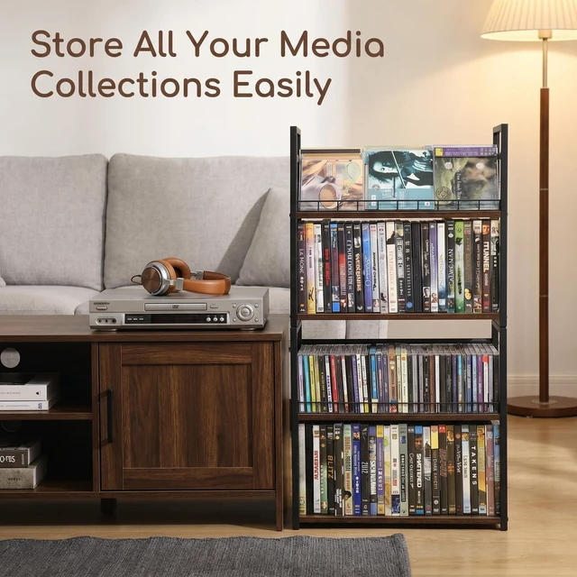 Alt view image 3 of 7 - 2-Tier DVD Storage Rack 2 Pack, Holds 112 DVDs (160 CDs), Metal Frame Media Holder with Handles, for Blu Ray, CDs, Video Games, VHS Tapes