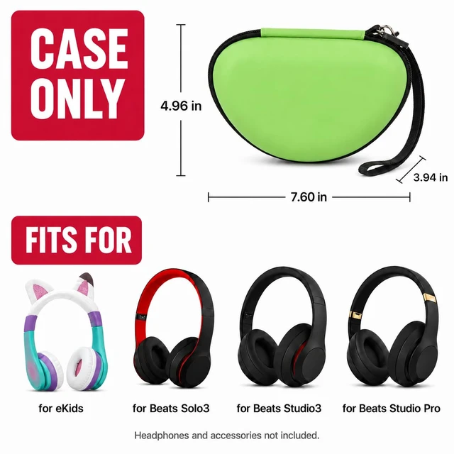 Alt view image 2 of 7 - Kids Headphone Case for eKids, for Beats Solo4 Headphones, Green Hard Shell Case with Mesh Cable Pocket for Kids Headsets, Organized Storage for Home and travel, Box Only
