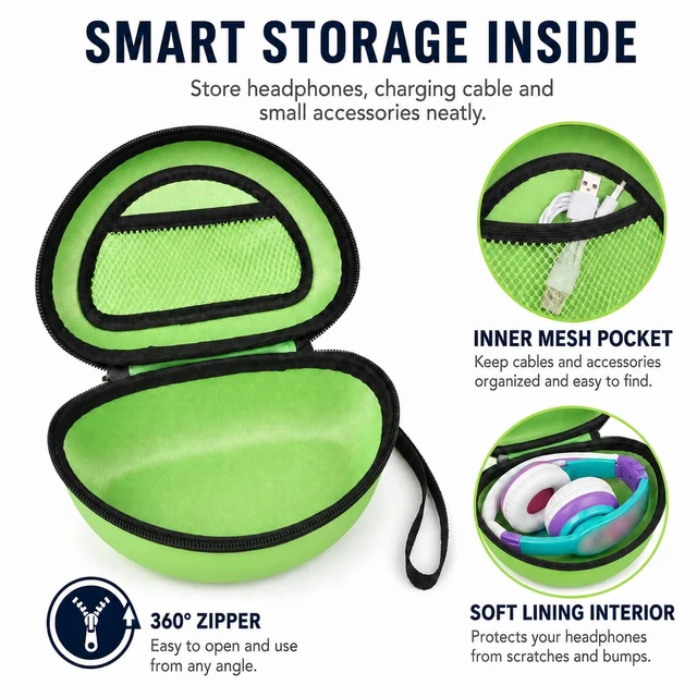 Alt view image 3 of 7 - Kids Headphone Case for eKids, for Beats Solo4 Headphones, Green Hard Shell Case with Mesh Cable Pocket for Kids Headsets, Organized Storage for Home and travel, Box Only