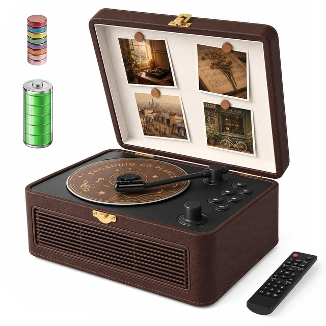 Main image of Retro CD Player Portable Bluetooth: CD Players for Home with Speakers 3600mAh Rechargeable & Radio & Remote Control PU Leather Vintage CD-Player Support USB/AUX Headphone Jack (Brown)