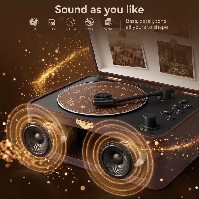 Alt view image 2 of 7 - Retro CD Player Portable Bluetooth: CD Players for Home with Speakers 3600mAh Rechargeable & Radio & Remote Control PU Leather Vintage CD-Player Support USB/AUX Headphone Jack (Brown)