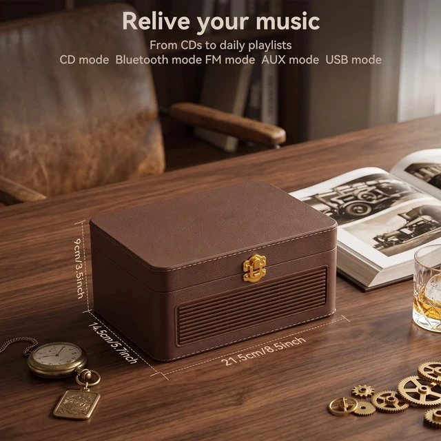 Alt view image 6 of 7 - Retro CD Player Portable Bluetooth: CD Players for Home with Speakers 3600mAh Rechargeable & Radio & Remote Control PU Leather Vintage CD-Player Support USB/AUX Headphone Jack (Brown)