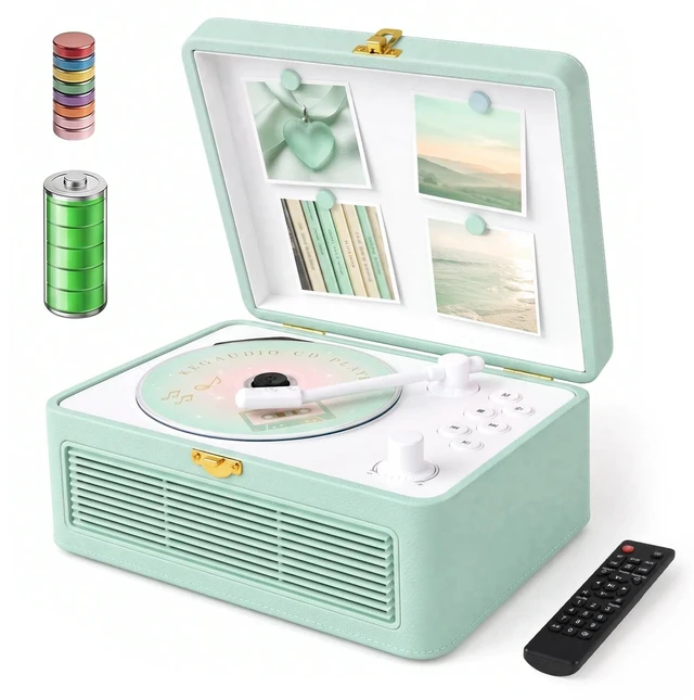 Main image of Retro CD Player Portable Bluetooth: CD Players for Home with Speakers 3600mAh Rechargeable & Radio & Remote Control PU Leather Vintage CD-Player Support USB/AUX Headphone Jack (Green)