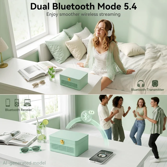 Alt view image 3 of 7 - Retro CD Player Portable Bluetooth: CD Players for Home with Speakers 3600mAh Rechargeable & Radio & Remote Control PU Leather Vintage CD-Player Support USB/AUX Headphone Jack (Green)