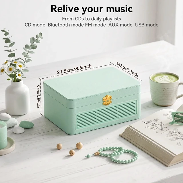 Alt view image 6 of 7 - Retro CD Player Portable Bluetooth: CD Players for Home with Speakers 3600mAh Rechargeable & Radio & Remote Control PU Leather Vintage CD-Player Support USB/AUX Headphone Jack (Green)