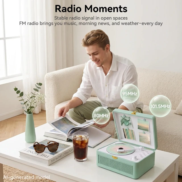 Alt view image 5 of 7 - Retro CD Player Portable Bluetooth: CD Players for Home with Speakers 3600mAh Rechargeable & Radio & Remote Control PU Leather Vintage CD-Player Support USB/AUX Headphone Jack (Green)