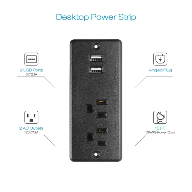 Alt view image 2 of 7 - Furniture Recessed Power Strip, 10W USB A Ports, Black, 10FT Hidden Charger Station, Flush Mount, 45°Flat Plug, Plug Extender, Conference Socket, for Desk, Bedside, ETL Listed