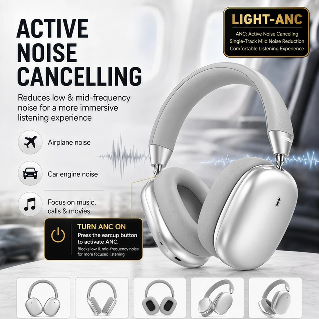 Alt view image 4 of 7 - Wireless Over Ear Headphones,Active Noise Cancelling,Bluetooth 100H,Silver Hi-Res Audio/Deep Bass,ANC,Lightweight Fit Soft Ear Cups Headsets Built-in Mic,for Pad/Cellphone/Travel/Home/Office