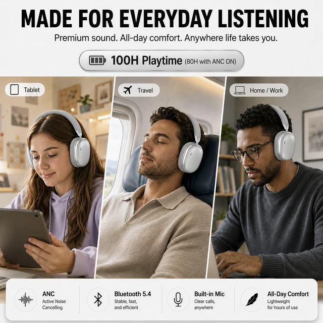 Alt view image 5 of 7 - Wireless Over Ear Headphones,Active Noise Cancelling,Bluetooth 100H,Silver Hi-Res Audio/Deep Bass,ANC,Lightweight Fit Soft Ear Cups Headsets Built-in Mic,for Pad/Cellphone/Travel/Home/Office