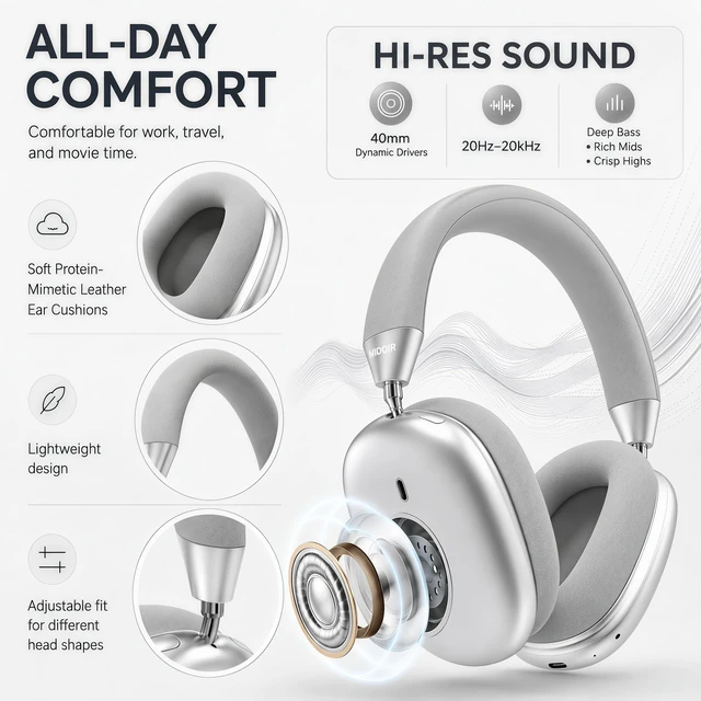 Alt view image 6 of 7 - Wireless Over Ear Headphones,Active Noise Cancelling,Bluetooth 100H,Silver Hi-Res Audio/Deep Bass,ANC,Lightweight Fit Soft Ear Cups Headsets Built-in Mic,for Pad/Cellphone/Travel/Home/Office