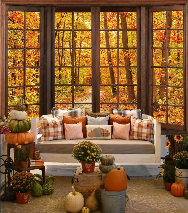 Alt view image 5 of 7 - Fall Window Backdrop 10x8FT Autumn Forest Scene Photo Background Fall Wooden Window Backdrop, Autumn Maple Leaves Banner, Fall Natural Scenery Background for Thanksgiving Party Decor