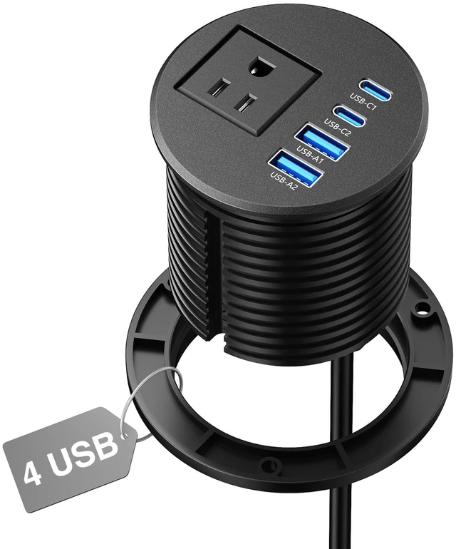 Main image of 2.5 inch Desk Power Grommet Outlet 2 USB C 20W, 2 USB-A 18W, 6FT Cord 2-1/2" Desktop Power Grommet, PD 20W USB-C, USB-A 18W, Flush Mount Recessed Power Grommet, for ConferenceTable, Nightstand