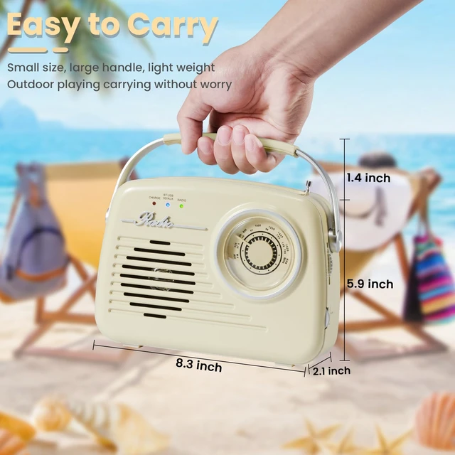 Alt view image 2 of 7 - Radios Portable AM FM, Battery Powered and Plug in Wall for Home/Outdoor/Kitchen, Vintage Retro Radio with Bluetooth, Large Dial Easy to Use (Beige)