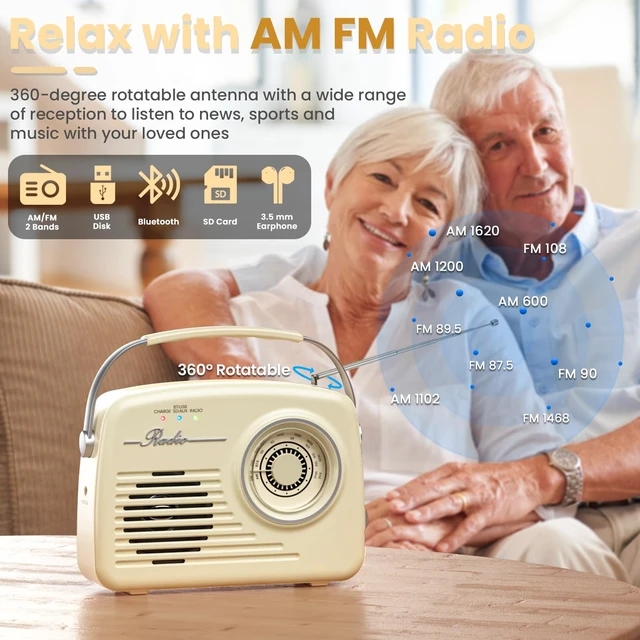 Alt view image 3 of 7 - Radios Portable AM FM, Battery Powered and Plug in Wall for Home/Outdoor/Kitchen, Vintage Retro Radio with Bluetooth, Large Dial Easy to Use (Beige)