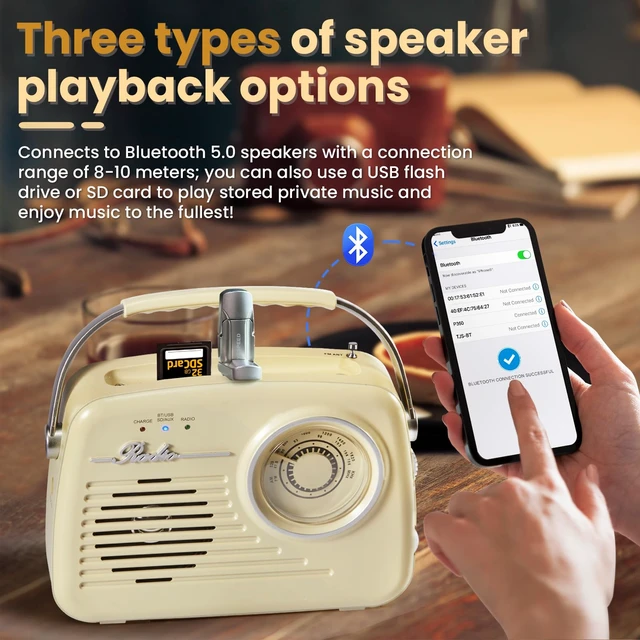 Alt view image 4 of 7 - Radios Portable AM FM, Battery Powered and Plug in Wall for Home/Outdoor/Kitchen, Vintage Retro Radio with Bluetooth, Large Dial Easy to Use (Beige)