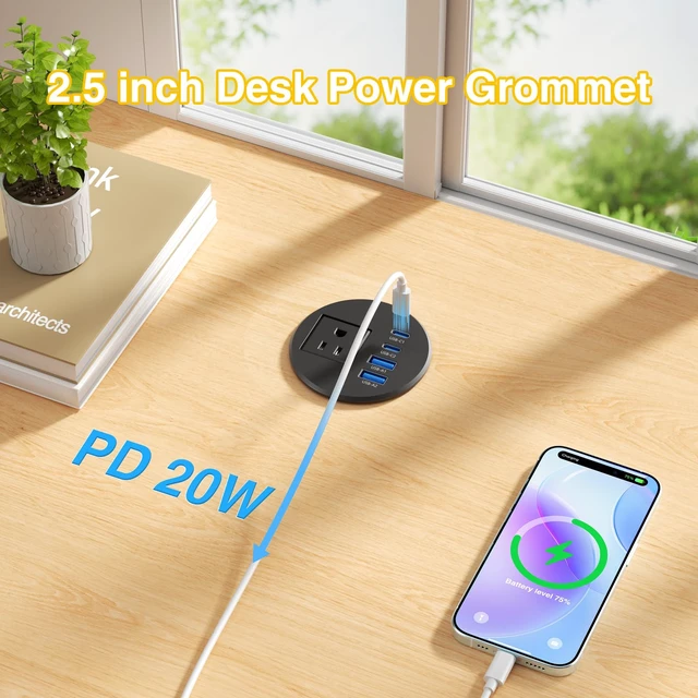Alt view image 2 of 7 - 2.5 inch Desk Power Grommet Outlet 2 USB C 20W, 2 USB-A 18W, 6FT Cord 2-1/2" Desktop Power Grommet, PD 20W USB-C, USB-A 18W, Flush Mount Recessed Power Grommet, for ConferenceTable, Nightstand