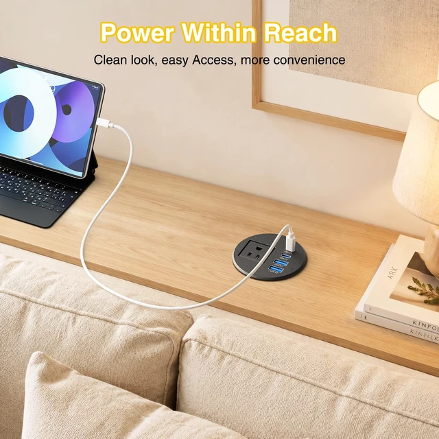 Alt view image 5 of 7 - 2.5 inch Desk Power Grommet Outlet 2 USB C 20W, 2 USB-A 18W, 6FT Cord 2-1/2" Desktop Power Grommet, PD 20W USB-C, USB-A 18W, Flush Mount Recessed Power Grommet, for ConferenceTable, Nightstand