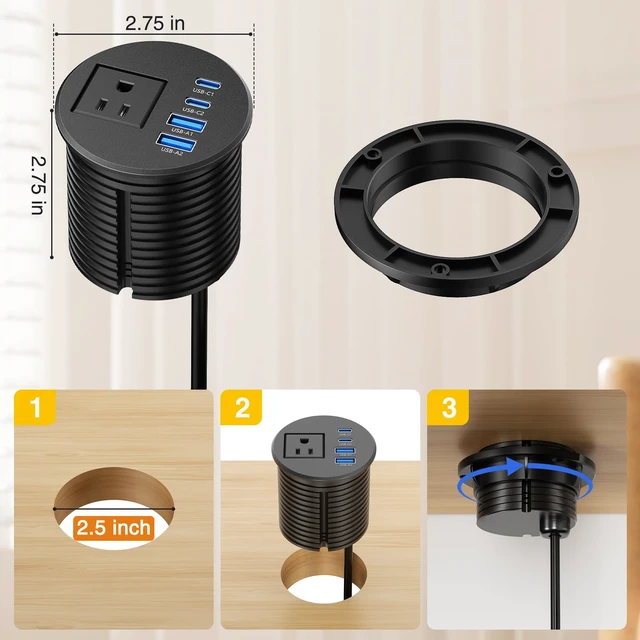 Alt view image 7 of 7 - 2.5 inch Desk Power Grommet Outlet 2 USB C 20W, 2 USB-A 18W, 6FT Cord 2-1/2" Desktop Power Grommet, PD 20W USB-C, USB-A 18W, Flush Mount Recessed Power Grommet, for ConferenceTable, Nightstand