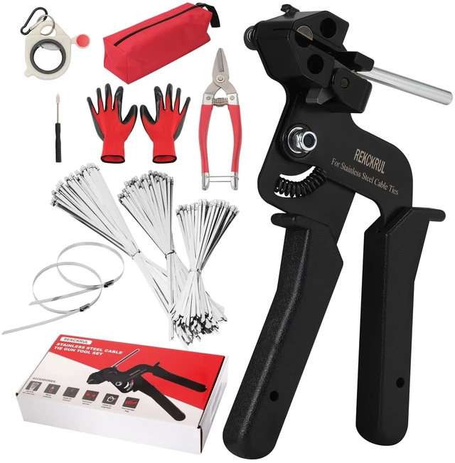 Main image of Stainless Steel Cable Tie Gun Set Metal Zip Tie Tool Kit (Black) Heavy Duty, 150PCS Self-Locking Ties, Adjustable Fastening & Cutting Tool for Outdoor Fencing, Automotive, Exhaust Pipes