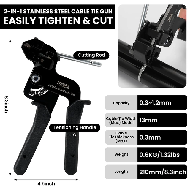 Alt view image 3 of 7 - Stainless Steel Cable Tie Gun Set Metal Zip Tie Tool Kit (Black) Heavy Duty, 150PCS Self-Locking Ties, Adjustable Fastening & Cutting Tool for Outdoor Fencing, Automotive, Exhaust Pipes