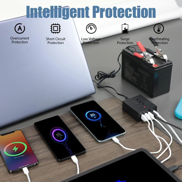 Alt view image 4 of 7 - DC Converter 8-30V to 5V/9V/12V USB Step Down Converter Multi-Port Power Adapter with Battery Clip Charger Portable for iPhone Android Samsung and Tablet Chargers