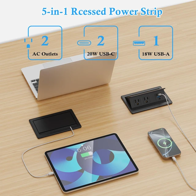 Alt view image 2 of 7 - Recessed Conference Table Power Hub Outlet with Two PD 20W USB-C Ports Fast Charging,Table Connectivity Box with Flush Mounted Power Strip with 18W USB A for Desks, Office, 6FT Power Cord (Black)