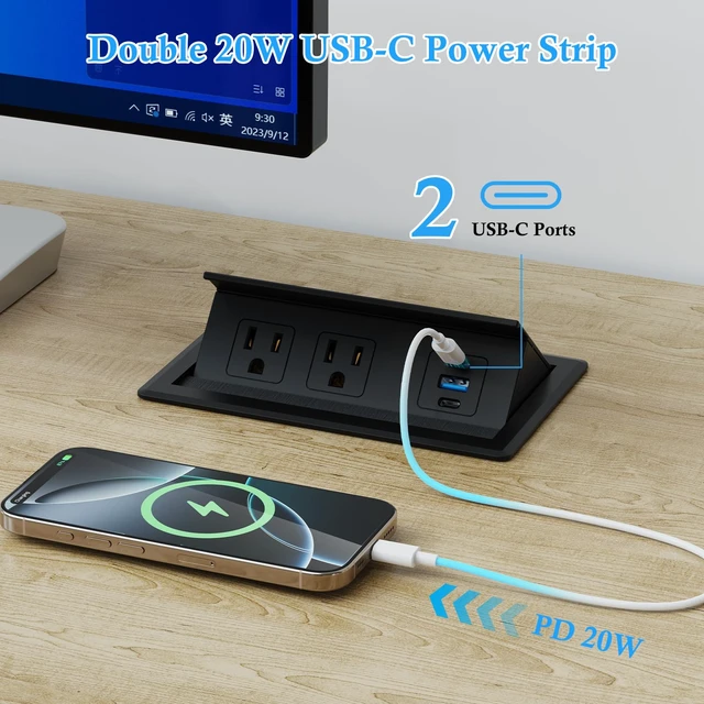 Alt view image 3 of 7 - Recessed Conference Table Power Hub Outlet with Two PD 20W USB-C Ports Fast Charging,Table Connectivity Box with Flush Mounted Power Strip with 18W USB A for Desks, Office, 6FT Power Cord (Black)