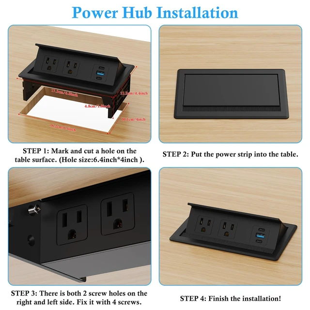 Alt view image 6 of 7 - Recessed Conference Table Power Hub Outlet with Two PD 20W USB-C Ports Fast Charging,Table Connectivity Box with Flush Mounted Power Strip with 18W USB A for Desks, Office, 6FT Power Cord (Black)