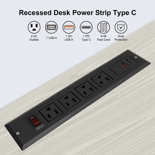 Alt view image 3 of 6 - 20W Mountable Power Strip USB C Recessed Power Strip USB-C Fast Charge 4 Outlet 3 USB Multiple Protection Built in Conference Desk Counter Workbench for PC Home Electric Appliance