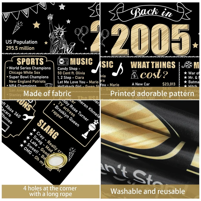 Alt view image 6 of 6 - Large 21st Birthday Backdrop Party Decorations for Men Women Back in 2005 Banner 21 Year Old Birthday Party Poster Supplies, Black Gold Vintage 2005 Photography Background Bday Decor