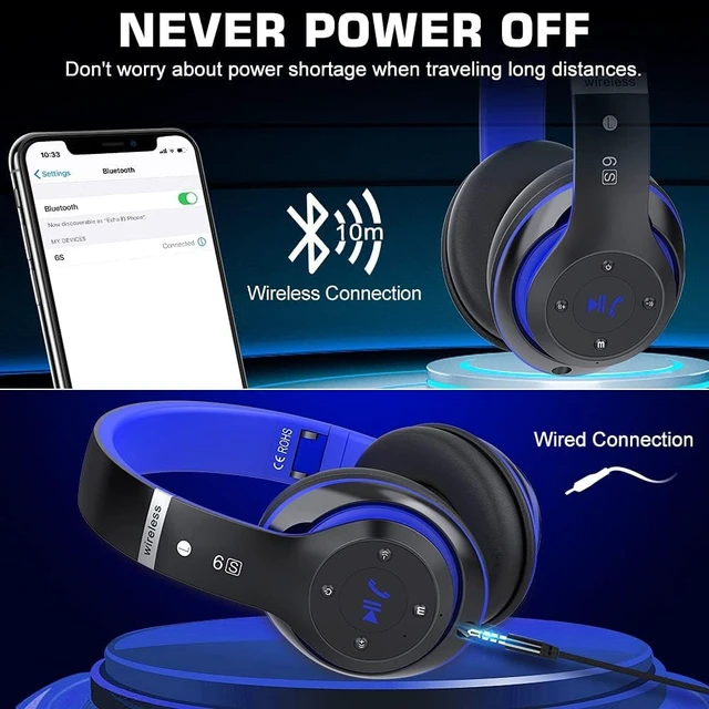 Alt view image 6 of 7 - 6S Bluetooth Headphones Over-Ear, Hi-Fi Stereo Foldable Wireless Stereo Headsets Earbuds with Built-in Mic, Volume Control, FM for iPhone/Samsung/iPad/PC (Blue)