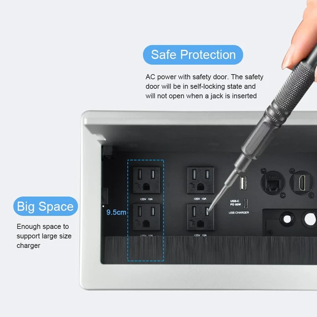 Alt view image 3 of 7 - Conference Table Power hub Conference Table connectivity Box recessed Outlet Desk Outlet recessed Power Strip USB-c 65Woutlet Plug with USB Ports countertop Outlet Socket (Silver)