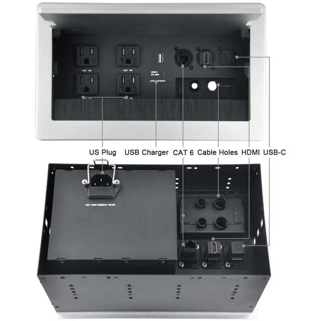 Alt view image 4 of 7 - Conference Table Power hub Conference Table connectivity Box recessed Outlet Desk Outlet recessed Power Strip USB-c 65Woutlet Plug with USB Ports countertop Outlet Socket (Silver)