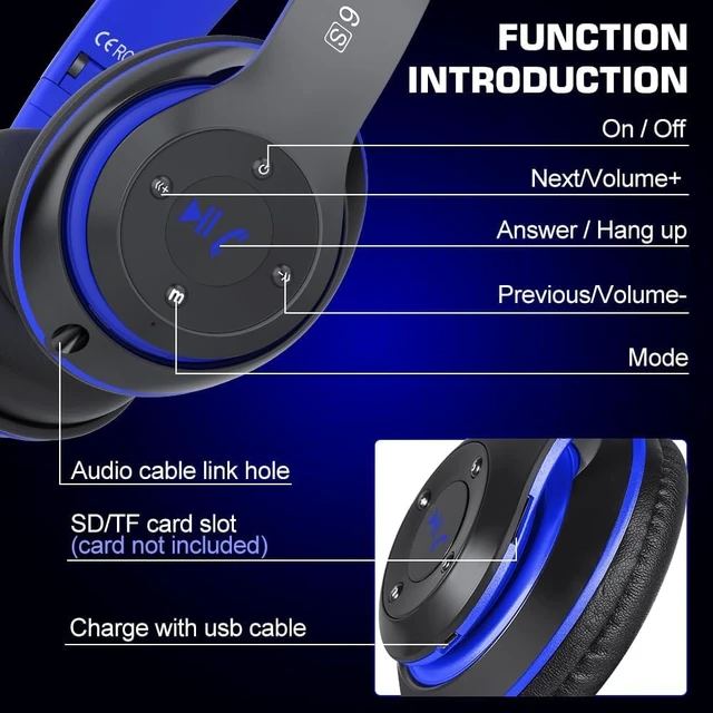 Alt view image 7 of 7 - 6S Bluetooth Headphones Over-Ear, Hi-Fi Stereo Foldable Wireless Stereo Headsets Earbuds with Built-in Mic, Volume Control, FM for iPhone/Samsung/iPad/PC (Blue)