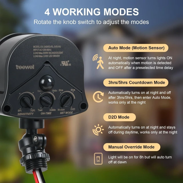Alt view image 2 of 7 - 240° & 360° Replacement Motion Sensor, Adjustable Time & Detection Sensitivity Up to 70 Feet Range, 4 Working Modes Outdoor Motion Detector for Security Floodlight, Black, UL Listed
