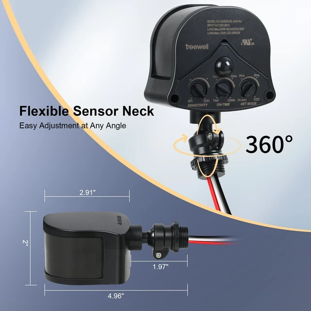 Alt view image 4 of 7 - 240° & 360° Replacement Motion Sensor, Adjustable Time & Detection Sensitivity Up to 70 Feet Range, 4 Working Modes Outdoor Motion Detector for Security Floodlight, Black, UL Listed