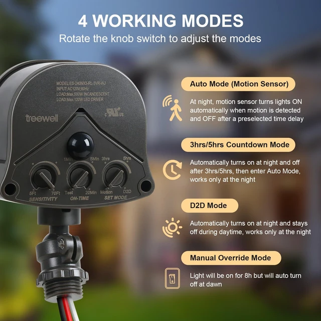Alt view image 2 of 7 - 240° & 360° Replacement Motion Sensor, Adjustable Time & Detection Sensitivity Up to 70 Feet Range, 4 Working Modes Outdoor Motion Detector for Security Floodlight, Brown, UL Listed