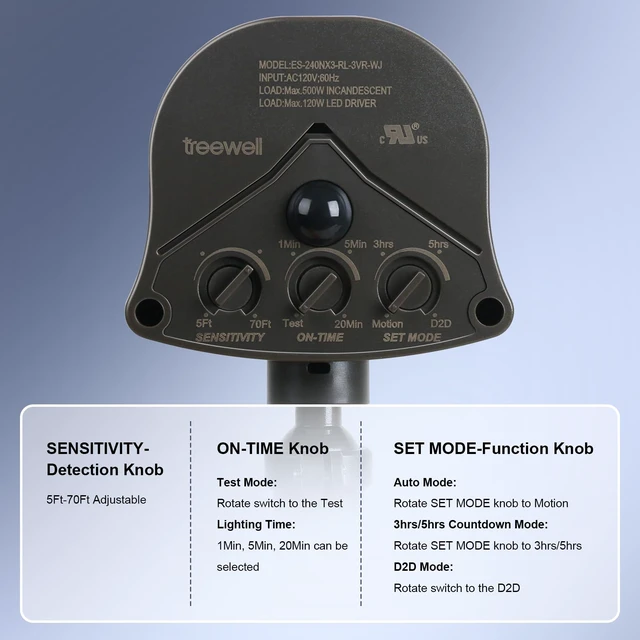 Alt view image 3 of 7 - 240° & 360° Replacement Motion Sensor, Adjustable Time & Detection Sensitivity Up to 70 Feet Range, 4 Working Modes Outdoor Motion Detector for Security Floodlight, Brown, UL Listed