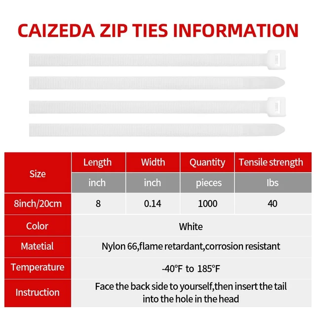 Alt view image 2 of 7 - Zip Ties 8 inch (1000Pack), 40lbs Tensile Strength, white cable Ties clear, wire Ties for indoor and outdoor use