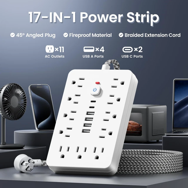 Alt view image 2 of 6 - Braided Surge Protector Power Strip 10 Ft Flat Extension Cord, 11AC Outlets, 4 USB and 2 USB C Ports, Outlet Extender, Portable for Home Office Dorm Travel