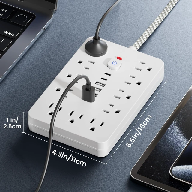 Alt view image 3 of 6 - Braided Surge Protector Power Strip 10 Ft Flat Extension Cord, 11AC Outlets, 4 USB and 2 USB C Ports, Outlet Extender, Portable for Home Office Dorm Travel