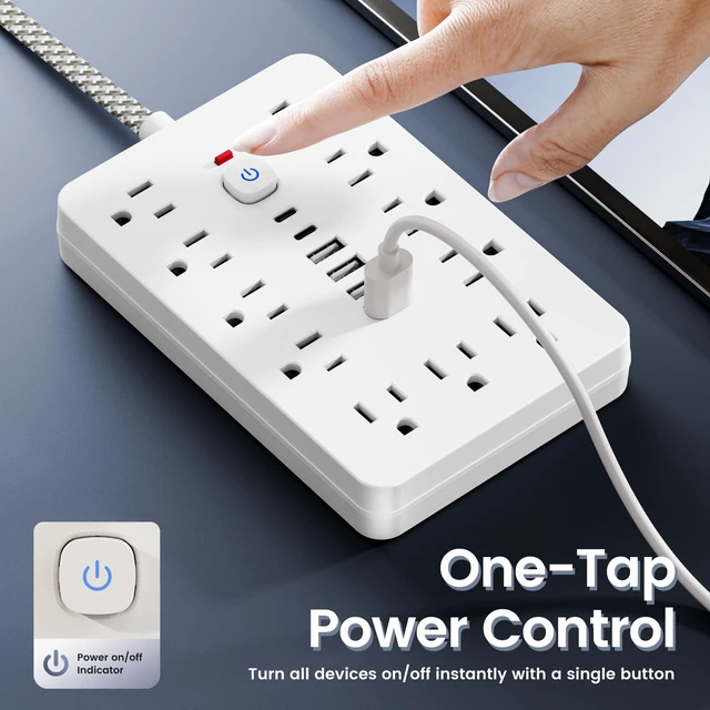 Alt view image 4 of 6 - Braided Surge Protector Power Strip 10 Ft Flat Extension Cord, 11AC Outlets, 4 USB and 2 USB C Ports, Outlet Extender, Portable for Home Office Dorm Travel