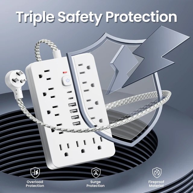 Alt view image 5 of 6 - Braided Surge Protector Power Strip 10 Ft Flat Extension Cord, 11AC Outlets, 4 USB and 2 USB C Ports, Outlet Extender, Portable for Home Office Dorm Travel