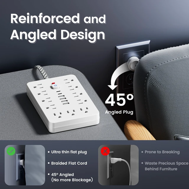 Alt view image 6 of 6 - Braided Surge Protector Power Strip 10 Ft Flat Extension Cord, 11AC Outlets, 4 USB and 2 USB C Ports, Outlet Extender, Portable for Home Office Dorm Travel